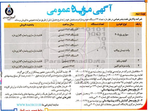 مزایده، مزایده تعداد 16 دستگاه خودرو مازاد و مستعمل - نوبت دوم