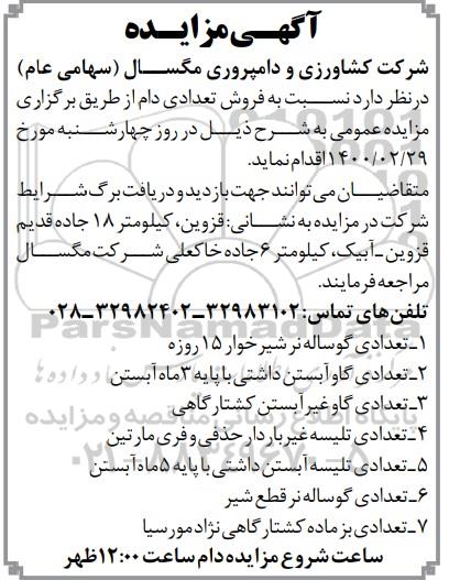 مزایده , مزایده فروش تعدادی دام