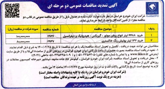 تمدید مناقصه روغن موتور گیربکس 