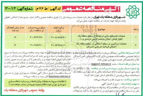 مناقصه، مناقصه عملیات همسطح سازی دریچه ها...