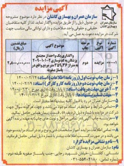 مزایده، مزایده واگذاری یک واحد مجتمع پزشکان