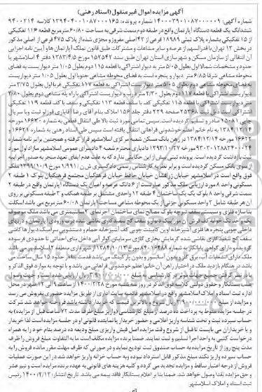 مزایده ،مزایده ششدانگ یک قطعه دستگاه آپارتمان 60.80 متر 