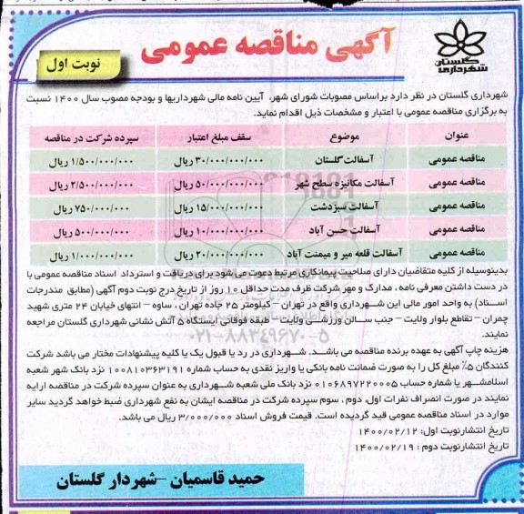 مناقصه آسفالت مکانیزه سطح شهر
