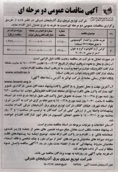 مناقصات خرید هادی روکشدار آلومینیومی با عایق 6xlpe، 73 (مینک) ....