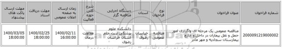 مناقصه عمومی یک مرحله ای واگذاری امور حمل و نقل بیماران در داخل و خارج بیمارستان سجادیه و مهر مادر
