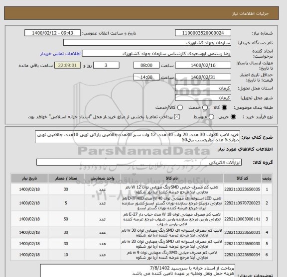 استعلام خرید لامپ 30وات 30 عدد، 20 وات 30 عدد، 12 وات سبز 30عدد،جالامپی پارکی توپی 10عدد، جالامپی توپی دیواری5 عدد، نوارچسب برق50