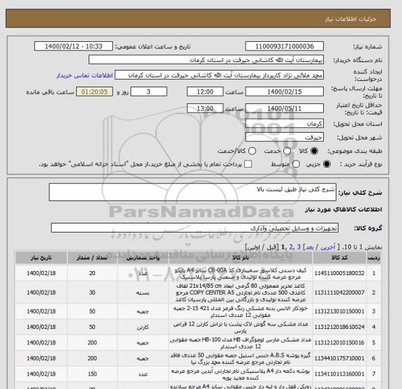 استعلام شرح کلی نیاز طبق لیست بالا