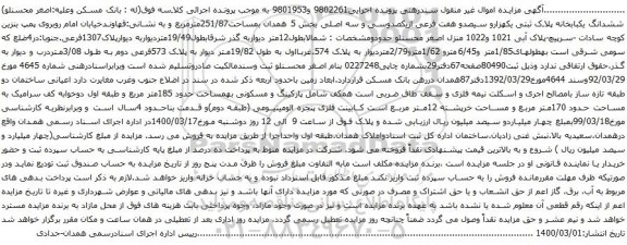 آگهی مزایده ششدانگ یکبابخانه پلاک ثبتی یکهزارو سیصدو هفت فرعی ازیکصدوسی و سه اصلی بخش 5