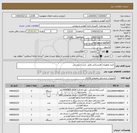 استعلام خرید تجهیزات هنرستانی طبق  لیست پیوستی 