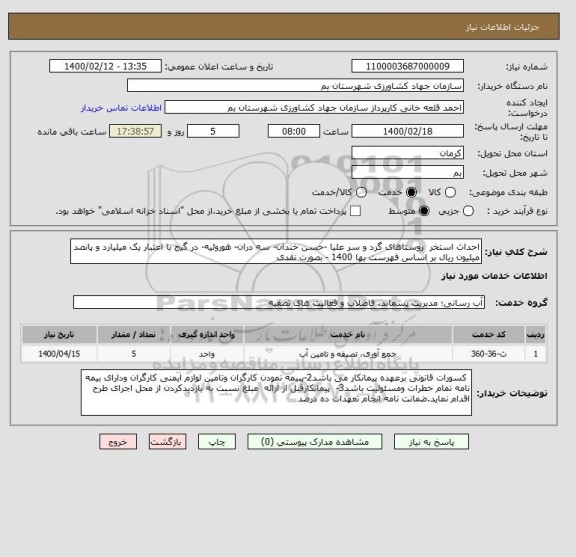 استعلام احداث استخر  روستاهای گرد و سر علیا -حسن خندان- سه دران- هوروئیه- در گیج با اعتبار یک میلیارد و پانصد میلیون ریال بر اساس فهرست بها 1400 - بصورت نقدی 