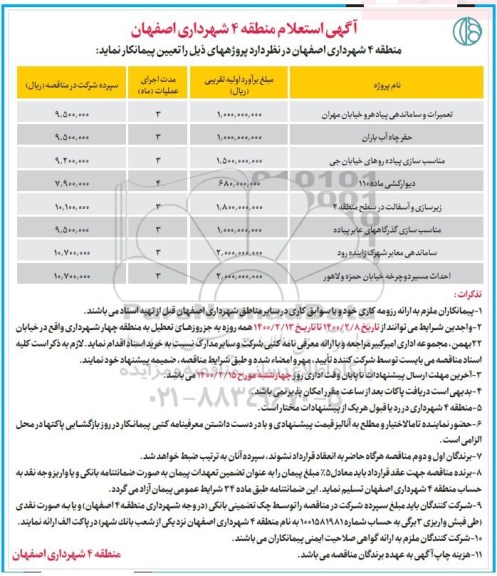 استعلام تعمیرات و ساماندهی پیاده رو خیابان ....