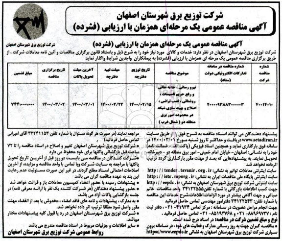 مناقصه, مناقصه نیرورسانی، جابجایی و رفع حریم تاسیسات، روشنایی، نصب ترانس... 
