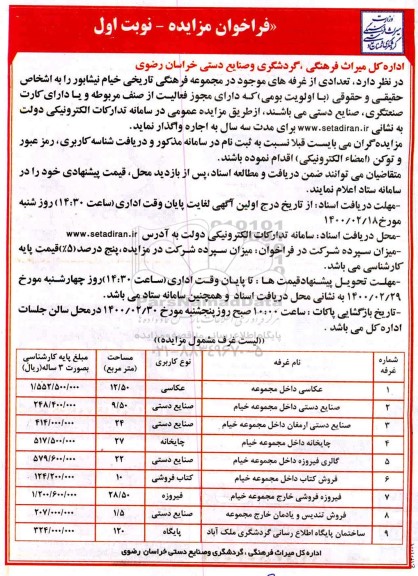 فرخوان مزایده, مزایده واگذاری تعدادی غرفه