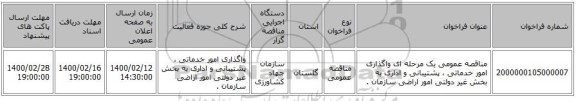 مناقصه عمومی یک مرحله ای واگذاری امور خدماتی ، پشتیبانی و اداری به بخش غیر دولتی امور اراضی سازمان . 