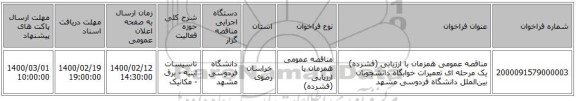 مناقصه عمومی همزمان با ارزیابی (فشرده) یک مرحله ای تعمیرات خوابگاه دانشجویان بین‌الملل دانشگاه فردوسی مشهد 