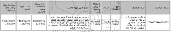 مناقصه عمومی یک مرحله ای انجام فعالیتهای حجمی فعالیتهای خدماتی شهری - مرحله دوم
