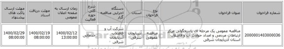 مناقصه عمومی یک مرحله ای  پاسخگوئی مرکز ارتباطات مردمی و امداد حوادث آب و فاضلاب استان آذربایجان شرقی