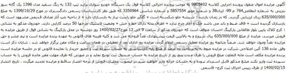 آگهی مزایده یک دستگاه خودرو سواری پراید