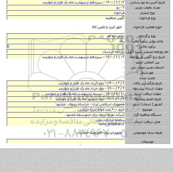 خرید ۶۰۰ عدد انواع چراغ خیابانی