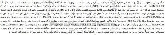 مزایده یک دستگاه خودرو پژو 405 جی ال ایکس