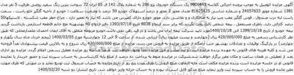 آگهی مزایده فروش یک دستگاه خودروی پژو 206