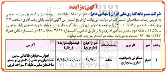 مزایده ،مزایده فروش ملک مازاد مسکونی با موقعیت اداری