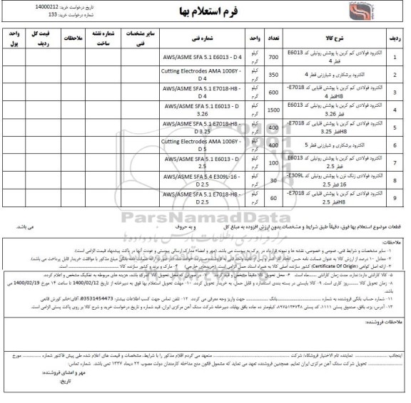 استعلام، استعلام الکترود فولادی کم کربن با پوشش ...