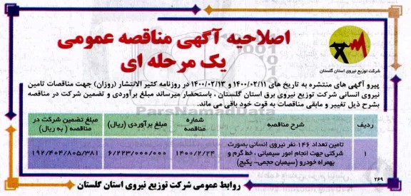 مناقصه،اصلاحیه مناقصه تامین نیروی انسانی