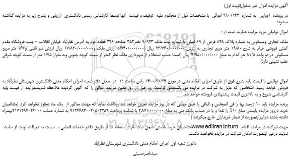 مزایده،مزایده فروش ملک تجاری ومسکونی به شماره پلاک 828 فرعی از 69 اصلی
