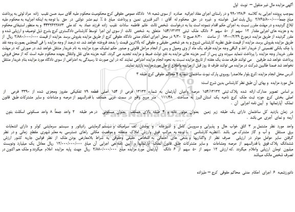 مزایده،مزایده فروش مقدار  12  سهم  از  50  سهم  6  دانگ  ملک  ثبتی  154/13132 