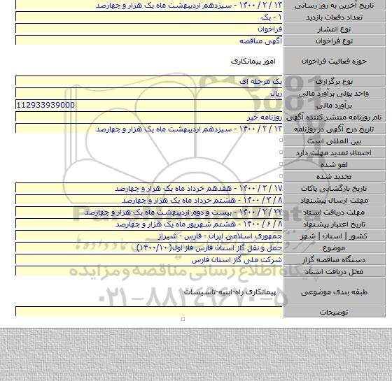 حمل و نقل گاز استان فارس فاز اول( ۱۴۰۰/۱۰)