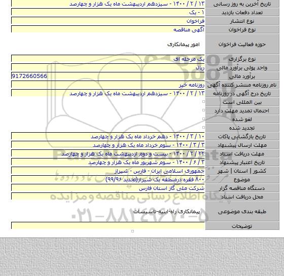 ۸۰۰ فقره درمنطقه یک شیراز(تجدید ۹۹/۹۶)
