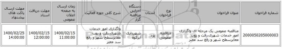 مناقصه عمومی یک مرحله ای واگذاری امور خدمات شهری،رفت و روب معابرسطح شهر و رفع سد معبر