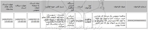 مناقصه عمومی یک مرحله ای طراحی، خرید، ساخت، اجرا و تحویل نوار نقاله به طول 65 مترو عرض 65 سانتیمتر و ارتفاع بار ریز انتهای نوار 12 متر  (طبق نقشه پیوس