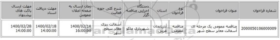 مناقصه عمومی یک مرحله ای آسفالت معابر سطح شهر 