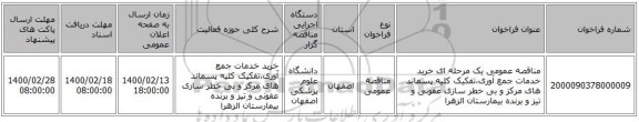 مناقصه عمومی یک مرحله ای خرید خدمات جمع آوری،تفکیک کلیه پسماند های مرکز و بی خطر سازی عفونی و تیز و برنده بیمارستان الزهرا