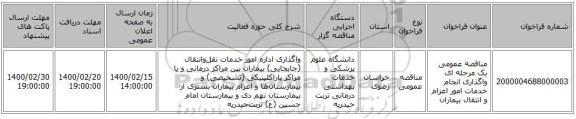 مناقصه عمومی یک مرحله ای  واگذاری انجام خدمات امور اعزام و انتقال بیماران 