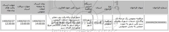 مناقصه عمومی یک مرحله ای واگذاری خدمات شهری وفضای سبز نگین شهر به صورت حجمی به بخش خصوصی