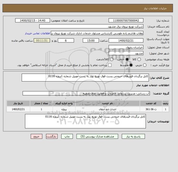 استعلام کابل برگردان فیدرهای خروجی پست فوق توزیع بهار به پست موبیل شماره 1پروژه 0116