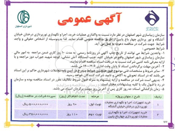 مناقصه، مناقصه واگذاری عملیات خرید، اجرا و نگهداری نورپردازی درختان خیابان آتشگاه و نورپردازی 