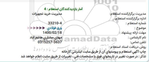 استعلام، استعلام ورق فولادی 