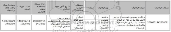 مناقصه عمومی همزمان با ارزیابی (فشرده) یک مرحله ای انجام خدمات پشتیبانی،اداری،تنظیف ونگهبانی شهرکهای صنعتی کردستان
