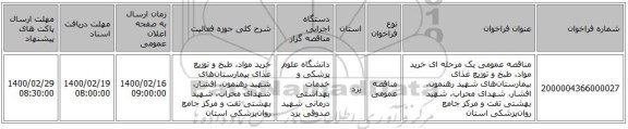 مناقصه عمومی یک مرحله ای خرید مواد، طبخ و توزیع غذای بیمارستان‌های شهید رهنمون، افشار، شهدای محراب، شهید بهشتی تفت و مرکز جامع روان‌پزشکی استان 