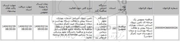 مناقصه عمومی یک مرحله ای تامین نیروی انسانی خدمات بهیاری، نسخه پیچی و نظافت شبکه بهداشت و درمان شهرستان میبد (مرکز ندوشن)