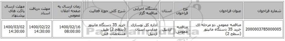 مناقصه عمومی دو مرحله ای خرید 35 دستگاه مانیتور (سطح 2)