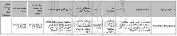 فراخوان ارزیابی کیفی مناقصه شماره 9940335  (خرید 3500 عدد فیلتر جورابی آمین برای فاز 1 (تولید داخل کشور))