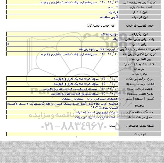 مناقصه خرید انواع کابل (کابل فشارضعیف مسی و کابل کانسنتریک و سیم روکشدار افشان نمره ۶) ۱۹۰۳