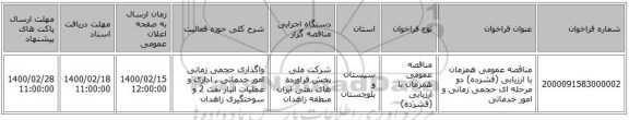 مناقصه عمومی همزمان با ارزیابی (فشرده) دو مرحله ای حجمی زمانی و امور خدماتی 