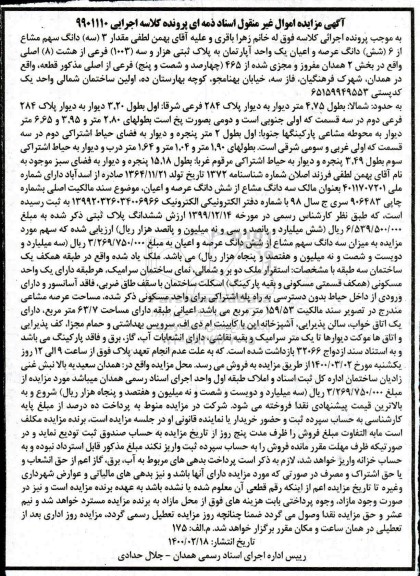 مزایده ششدانگ عرصه و اعیان آپارتمان بخش دو