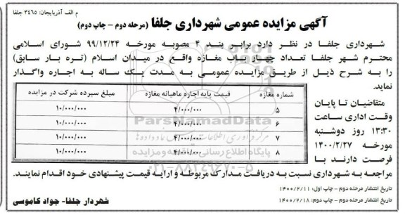 مزایده،مزایده واگذاری به اجاره تعداد چهار باب مغازه